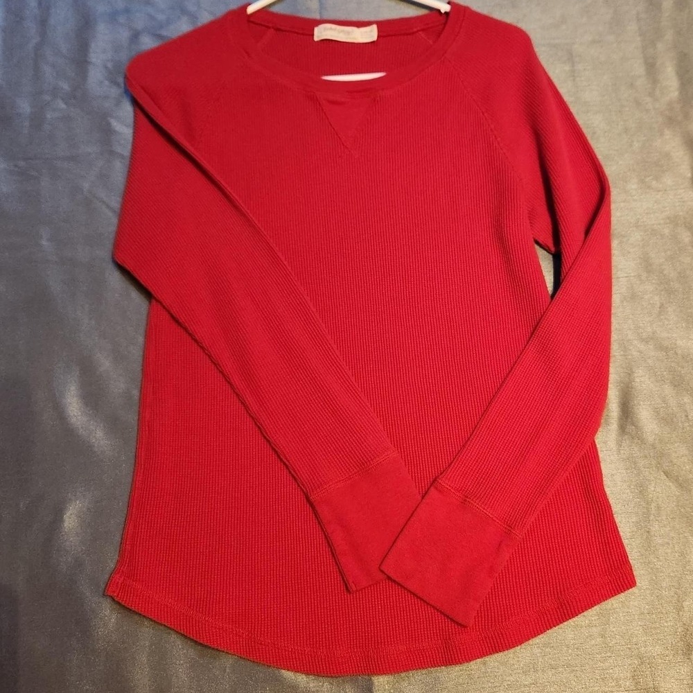 Faded Glory Red Waffle Knit Thermal Top Long Sleeve Crew Neck Womens Large 12-14